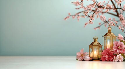 Serene spring decor with lanterns and blossoms on a calm background