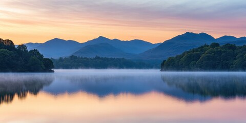 Fototapeta premium Serene lake at dawn with mist and mountains reflecting in calm waters.