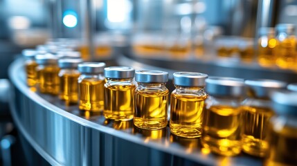 Amber vials on silver lab conveyor	