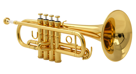 A gleaming golden trumpet, ready to fill the air with vibrant melodies, a symbol of musical expression and joyful performance, showcasing its intricate valves and polished finish.