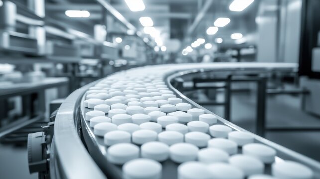 White tablets on conveyor in factory	