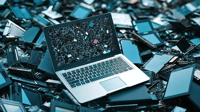 A mountain of discarded electronics, with a scratched laptop sitting on top, surrounded by shattered screens, dusty keyboards, and obsolete tech components.