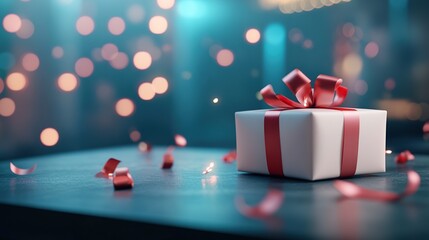 A beautifully wrapped gift box with a red ribbon on a festive table