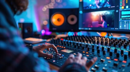 Person Adjusting Audio Mixer in a Studio Setting