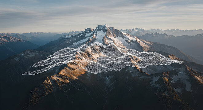 Digital wireframe overlaying mountain range showcasing advanced mapping technology