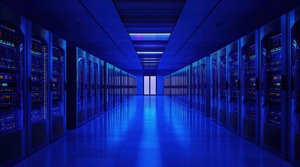 A server room bathed in blue light with rows of server racks on both sides.