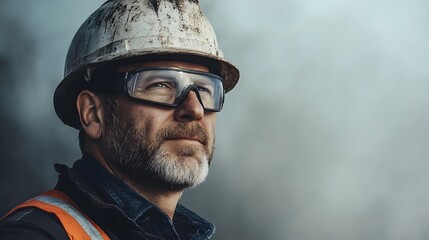 Hardworking construction worker gazes into the distance amidst a foggy industrial backdrop in the early morning light