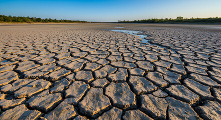 Fototapeta premium Arid expanse: Cracked mud landscape symbolizing drought and climate change effects