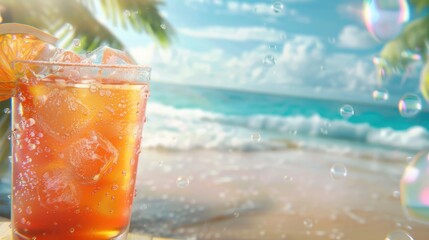 Refreshing Tropical Beverage with Ocean Waves and Bubbles in the Background