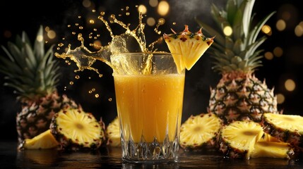 A glass of freshly squeezed pineapple juice with whole pineapples and slices, golden juice splashes captured mid-air against a dark background.
