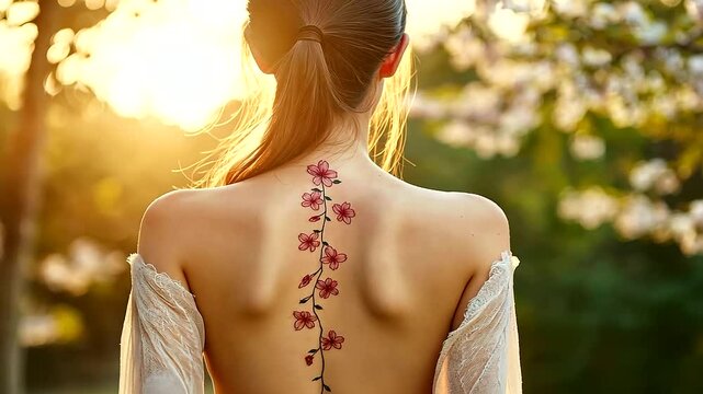 A woman's back adorned with a stunning floral tattoo, delicate cherry blossoms flowing along her spine, captured in warm, golden light.