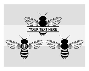 Bee Svg, Bumble Bee Svg, Honey Bee Silhouette, Animals Svg, Bee Clipart Svg, Honeybee Svg, Silhouette, Vcetor, Outline, Bee Monogram, Split Monogram, Circle Monogram,