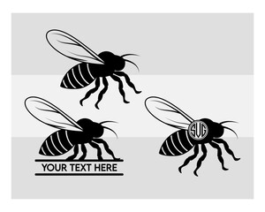 Bee Svg, Bumble Bee Svg, Honey Bee Silhouette, Animals Svg, Bee Clipart Svg, Honeybee Svg, Silhouette, Vcetor, Outline, Bee Monogram, Split Monogram, Circle Monogram,