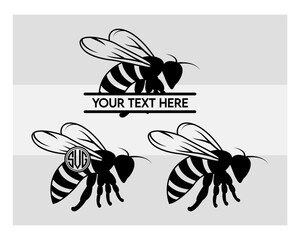 Bee Svg, Bumble Bee Svg, Honey Bee Silhouette, Animals Svg, Bee Clipart Svg, Honeybee Svg, Silhouette, Vcetor, Outline, Bee Monogram, Split Monogram, Circle Monogram,