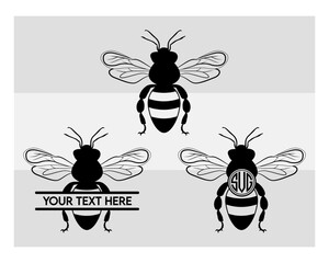 Bee Svg, Bumble Bee Svg, Honey Bee Silhouette, Animals Svg, Bee Clipart Svg, Honeybee Svg, Silhouette, Vcetor, Outline, Bee Monogram, Split Monogram, Circle Monogram,