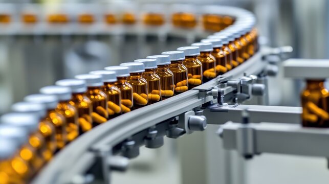 Orange capsules in vials on production line	
