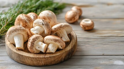 Freshly harvested mushrooms on a rustic wooden platter surrounded by greenery in a warm kitchen setting
