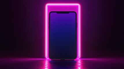 Smartphone with neon pink frame on dark background	