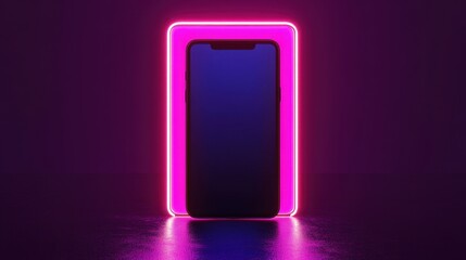 Smartphone with neon pink frame on dark background	