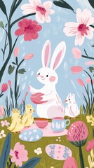 Whimsical bunny tea party with chicks and painted eggs in flower garden