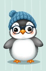 Fototapeta premium Adorable cartoon penguin wearing a cozy blue hat and glasses, standing on a soft green background. Ideal for children's illustrations, cartoons, and educational materials.