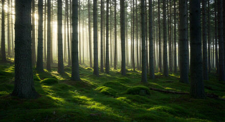 Obraz premium Mystical Forest Dawn: Sunbeams Illuminate a Verdant Mossy Undergrowth Landscape