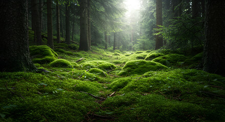 Fototapeta premium Sunlit mossy forest floor, vibrant green vegetation, serene and mystical woodland