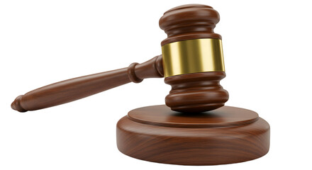 A gavel, symbol of justice and authority, rests on its block, a polished wooden instrument ready to declare a verdict, showing rich dark wood and gold accents.