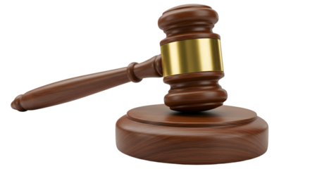 A gavel, symbol of justice and authority, rests on its block, a polished wooden instrument ready to declare a verdict, showing rich dark wood and gold accents.