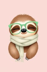 Adorable animated sloth wearing green glasses and a cozy scarf on a soft pink background. Ideal for children's illustrations, cartoons, and playful educational materials.