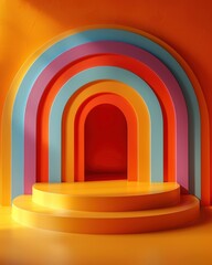Fototapeta premium Colorful Archway with Curved Platform and Orange Background