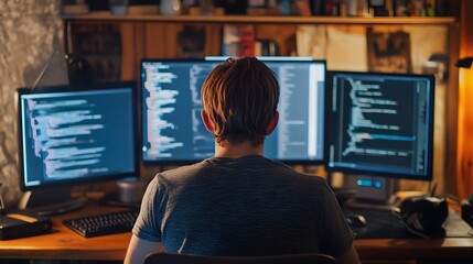 Focused programmer engages in late-night coding session surrounded by multiple monitors displaying intricate lines of code and digital creativity