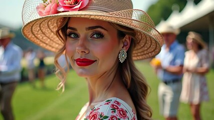 Elegant young woman in floral dress and wide-brim hat smiling at summer outdoor event — perfect for fashion, lifestyle, and seasonal advertising in sunny settings, 4K, motion. Old money style