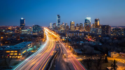 Fototapeta premium Night City Skyline Aerial View With Illuminated Traffic