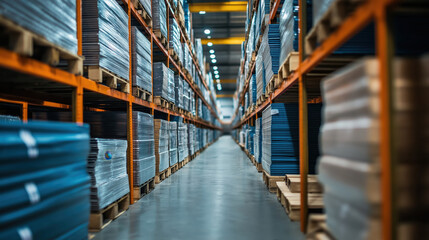 Industrial warehouse aisle with metal bundles on shelves  