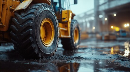 Heavy Equipment Tire on Wet Ground in Industrial Setting  