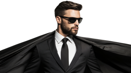 Png of Stylish Caucasian man in a suit with sunglasses poses confidently, exuding charisma and sophistication on transparent background.