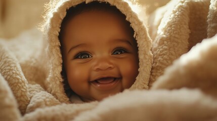 Adorable baby portrait wrapped in soft blanket with hood smiling cute infant newborn photography session