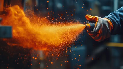 Industrial worker sprays vibrant orange powder coating onto metallic object. Powder particles float in air forming dynamic spray patterns in workshop setting. Manufacturing process innovative