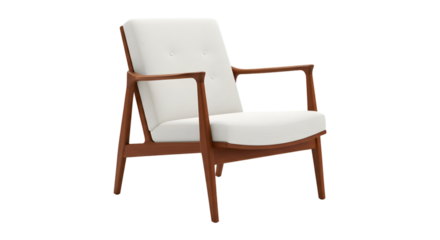 A serene mid-century modern armchair, inviting relaxation with its creamy upholstery and rich teak wood frame, offering timeless elegance in a minimalist design.