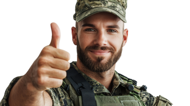 Png of Smiling male soldier in camouflage gear gives a thumbs up, exuding confidence and positivity on transparent background.