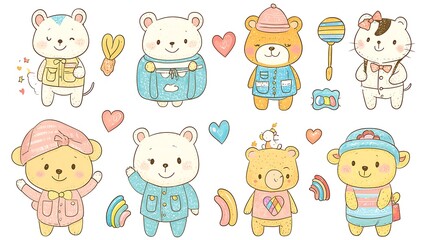 design cute animal wear suite with line color style more action in white background isolated on white,clip art ,remain space between border each corner and rainbow and toy and hat and heart
