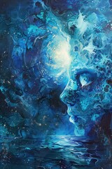 Abstract Painting of a Blue Cosmic Landscape with a Face Emerging from the Clouds