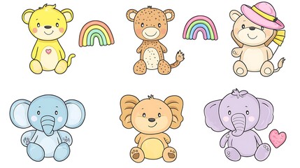 design cute animal wear suite with line color style more action in white background isolated on white,clip art ,remain space between border each corner and rainbow and toy and hat and heart
