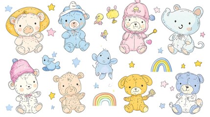 design cute animal wear suite with line color style more action in white background isolated on white,clip art ,remain space between border each corner and rainbow and toy and hat and heart
