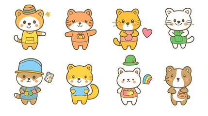 Fototapeta premium design cute animal wear suite with line color style more action in white background isolated on white,clip art ,remain space between border each corner and rainbow and toy and hat and heart 