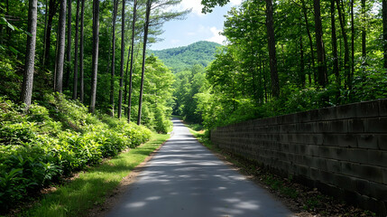 Obraz premium Asphalt Road Leading Through Dense Green Forest With Sunlight And Mountain View