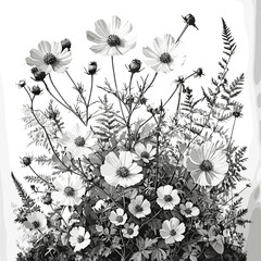 Naklejka premium Blooming alpine meadow wildflowers , delicate petals, lush foliage, and detailed botanical elements sketch engraving generative ai raster illustration. Scratch