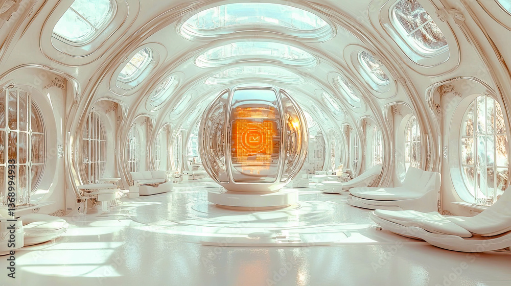 Poster futuristic space station interior featuring a glowing digital core in a sleek, bright environment