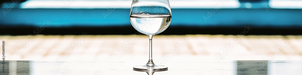Poster minimalistic elegance of a wine glass in a tranquil setting with soft reflections and vibrant hues